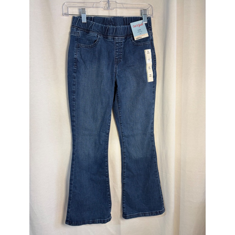Cat & Jack Girls Flare Jeans Size 12 Dark Wash Pull On Mid Rise Ultimate Stretch